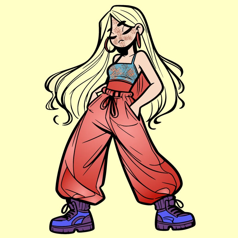 girl in baggy pants crop top and long hair