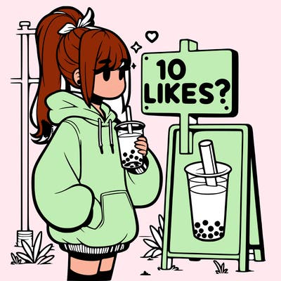 girl with oversized hoodie drinking boba and she has a high ponytail with a sign that says 10likes?