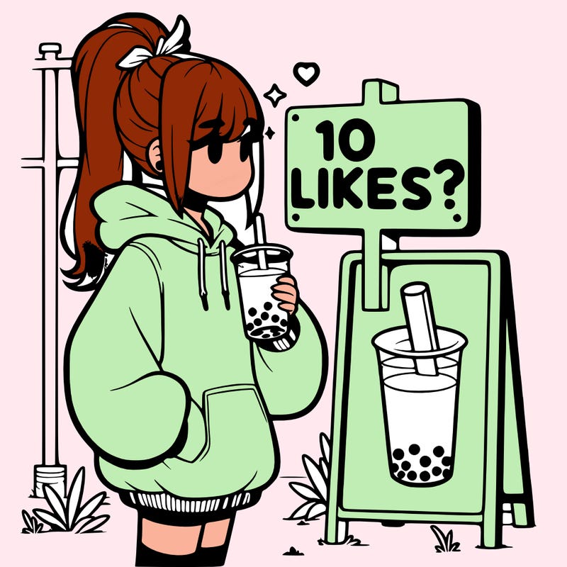 girl with oversized hoodie drinking boba and she has a high ponytail with a sign that says 10likes?