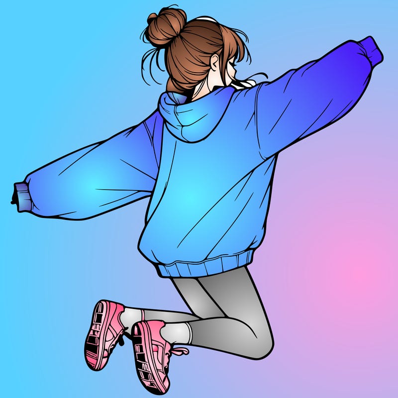 realistic girl jumping with a bun and oversized sweatshirt