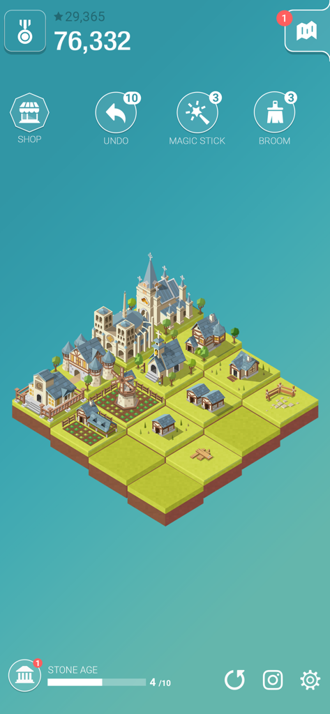 Age of 2048 gameplay showing an isometric grid with historical buildings and civilization evolution progress