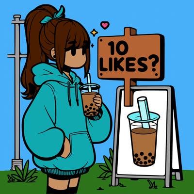 girl with oversized hoodie drinking boba and she has a high ponytail with a sign that says 10likes?