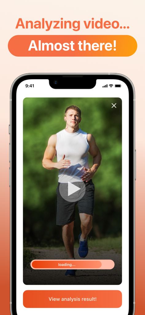 CoachIQ: AI Technic Analyzer - CoachIQ mobile app interface showing a running video being analyzed by AI with a progress bar and call to action button.