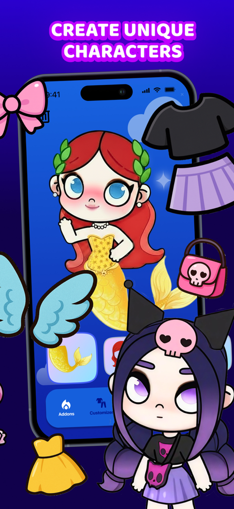 Mobile screen showing character customization with cute outfits and skins