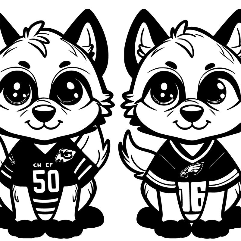 two wolf pups one wearing a chiefs  jersey and the other eagles