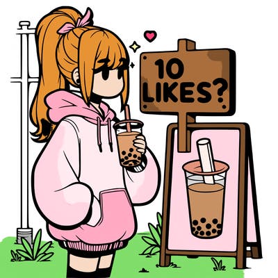 girl with oversized hoodie drinking boba and she has a high ponytail with a sign that says 10likes?