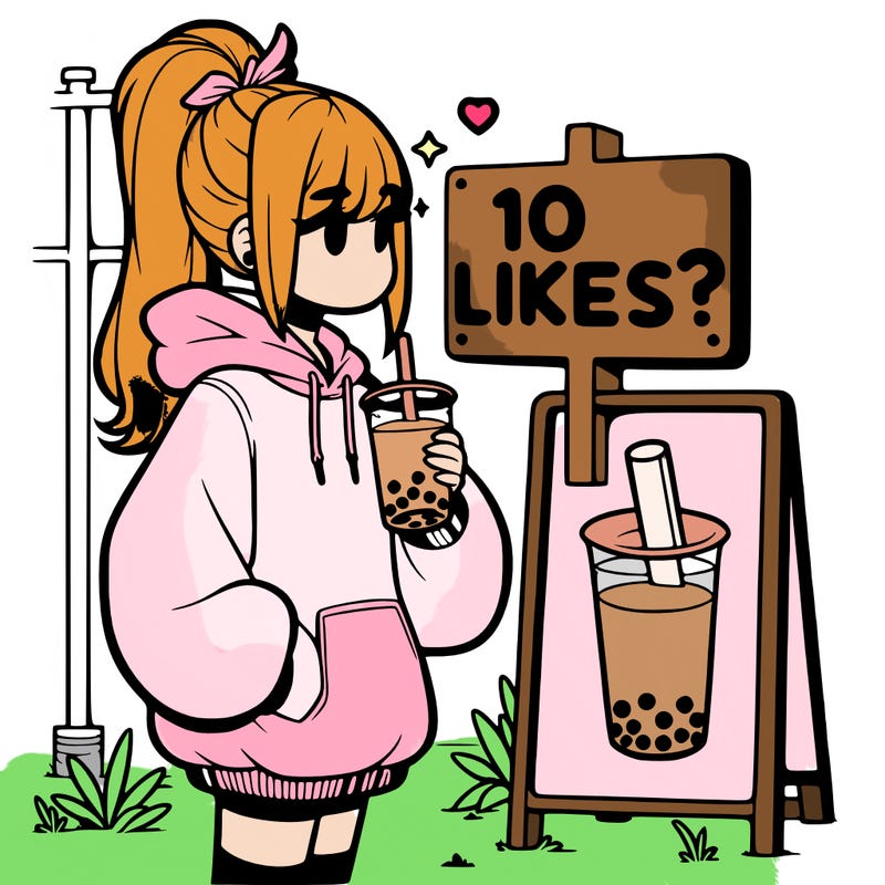 girl with oversized hoodie drinking boba and she has a high ponytail with a sign that says 10likes?