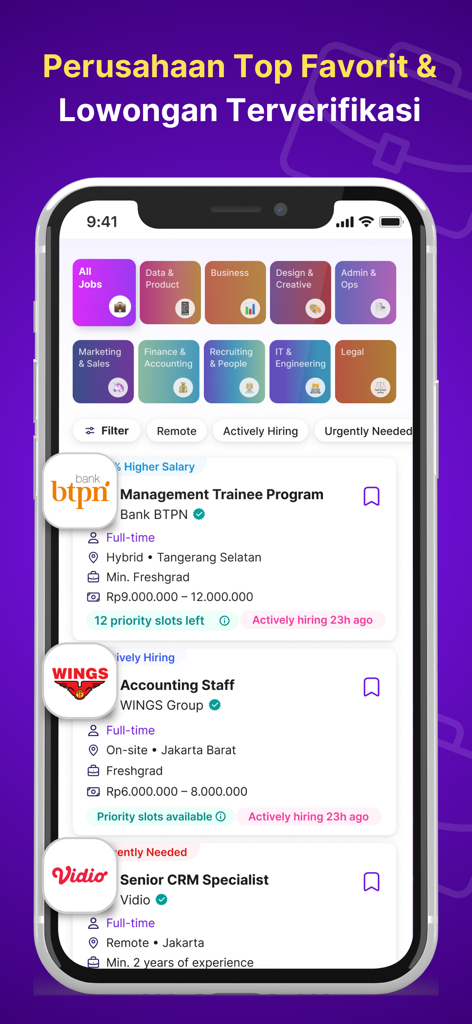 Mobile app interface of Dealls Jobs showing verified job vacancies from top companies with category filters