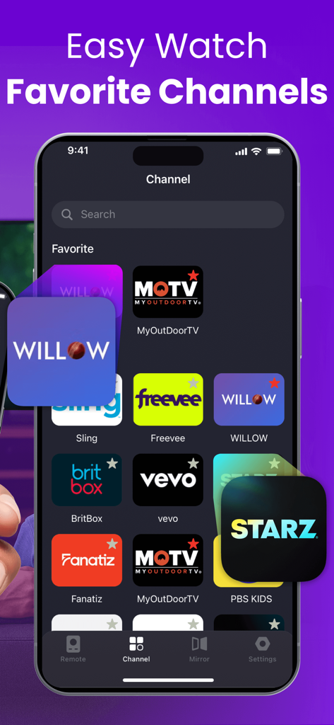 Universal Remote for Smart TV+ - Interface of the Universal Remote for Smart TV plus app showing a grid of favorite streaming channels like Sling and Starz