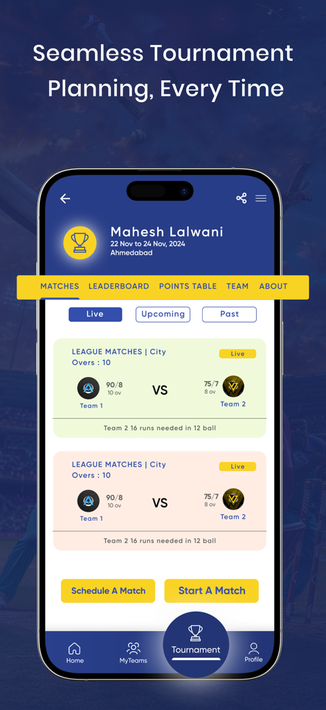 Cric11 app interface showing cricket tournament planning and live match scores