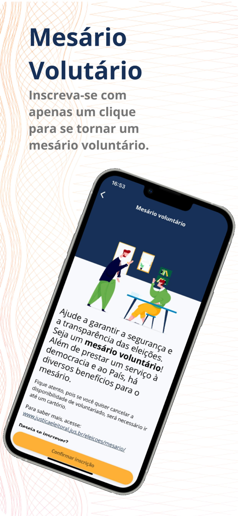 Smartphone screen of the e-Título app displaying the registration page to become a voluntary poll worker