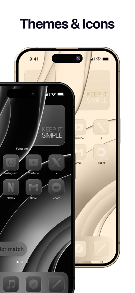 맞춤 앱 아이콘과 배경화면이 있는 미니멀리스트 다크 및 라이트 미적 감각 테마를 표시하는 두 개의 iPhone