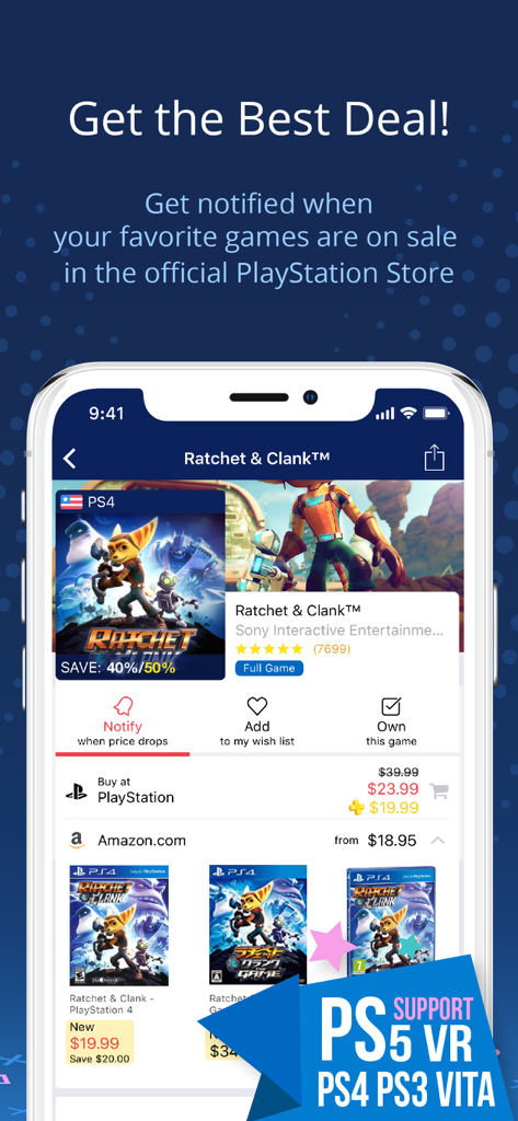 Interface de l'application PS Deals montrant la comparaison de prix pour Ratchet and Clank entre le PlayStation Store et Amazon