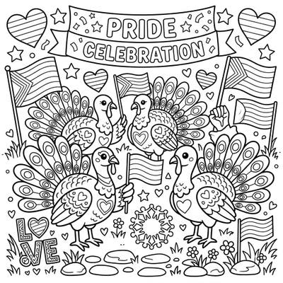Dive into a vibrant celebration of love and diversity with this unique Ocellated Turkeys Pride coloring page! Featuring cheerful turkeys, flags, hearts, and festive elements, it's perfect for all ages to express creativity and solidarity.