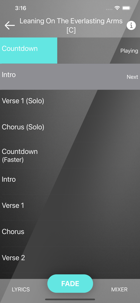 XME TRIGGERS - XME Triggers app interface showing song sections like intro verse and chorus for a worship song