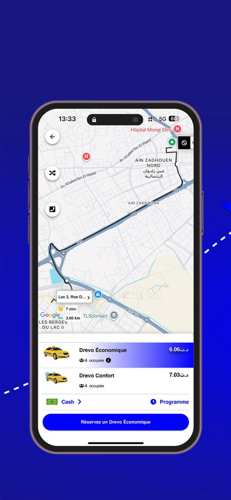 Interface do aplicativo Drevo mostrando uma rota de mapa e opções de viagem para veículos econômicos e de conforto