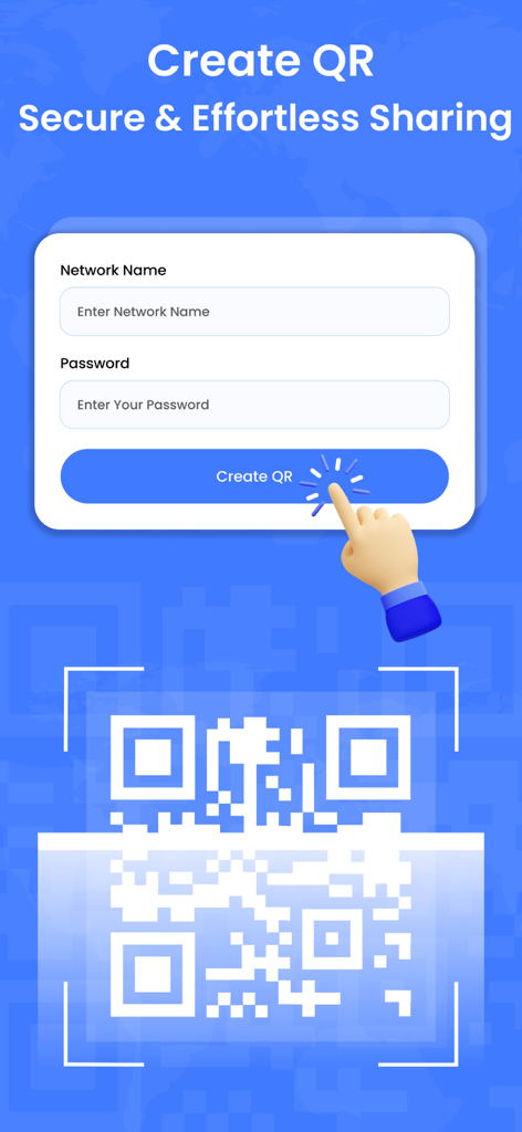 Wifi Password Map: Nearby Wifi - Pantalla de aplicación móvil que muestra una función para crear un código QR para compartir WiFi de forma segura