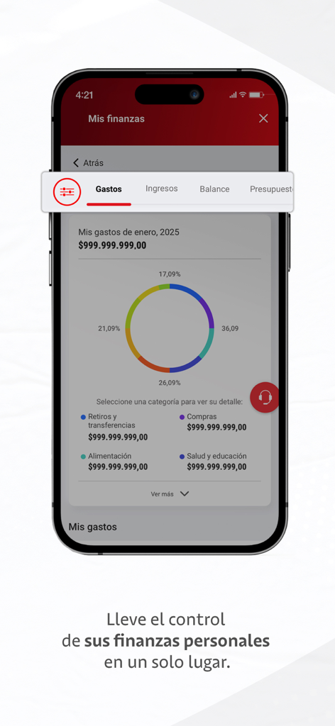 Davivienda mobile app screen showing a personal finance expense tracking dashboard with a donut chart