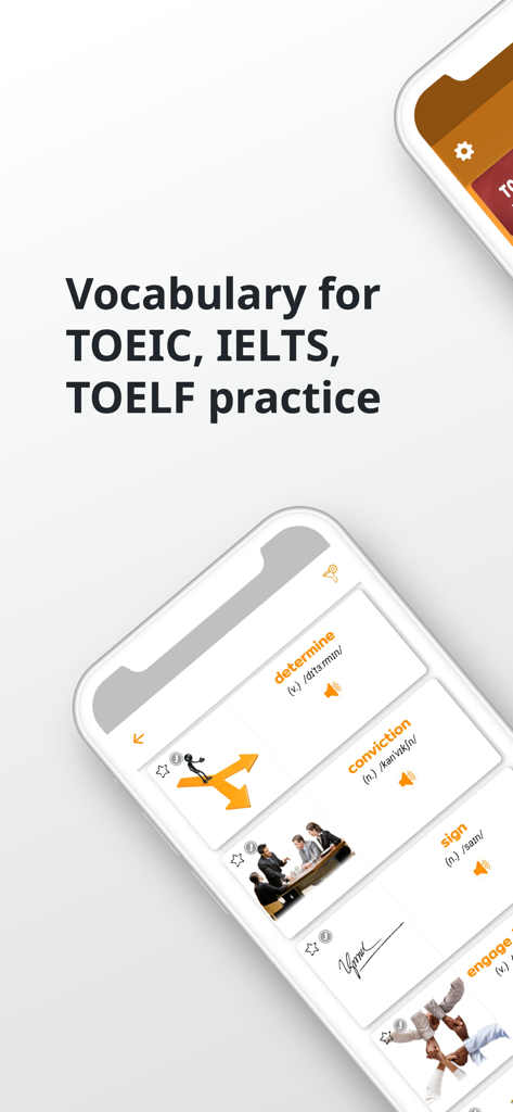 Interfaz de la aplicación PORO English Vocabulary que muestra tarjetas de memoria visuales para la práctica de TOEIC e IELTS.