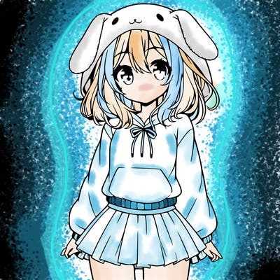 pretty anime girl wearing a fluffy hoodie with bunny ears on the hood and a skirt