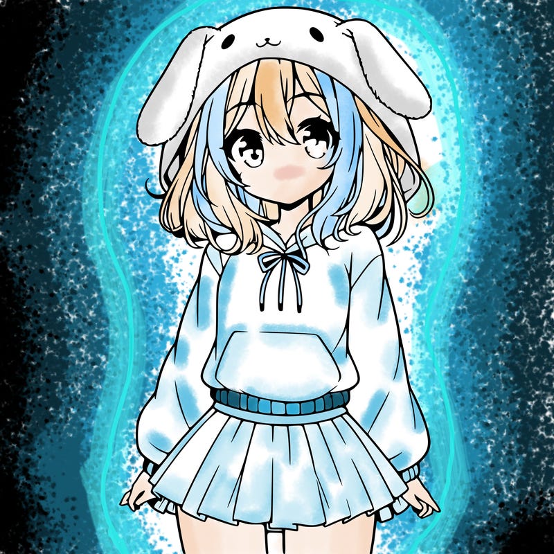 pretty anime girl wearing a fluffy hoodie with bunny ears on the hood and a skirt