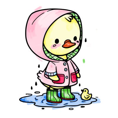 baby duck in a rain coat and boots, in a puddle while it’s raining