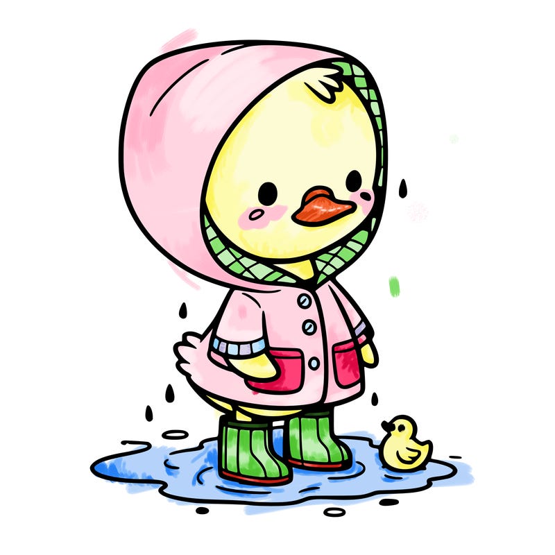 baby duck in a rain coat and boots, in a puddle while it’s raining