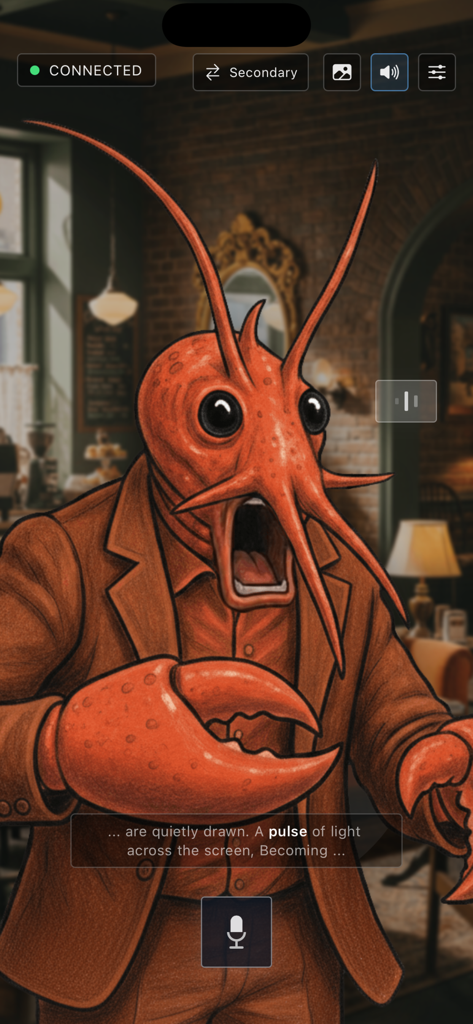 OpenClaw Voice Companion - A screenshot of the OpenClaw Voice Companion app showing a lobster-headed character in a suit with real-time speech-to-text transcription.
