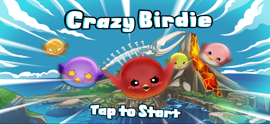 Crazy Birdie - Start screen of Crazy Birdie game featuring colorful bird characters and a volcanic island background