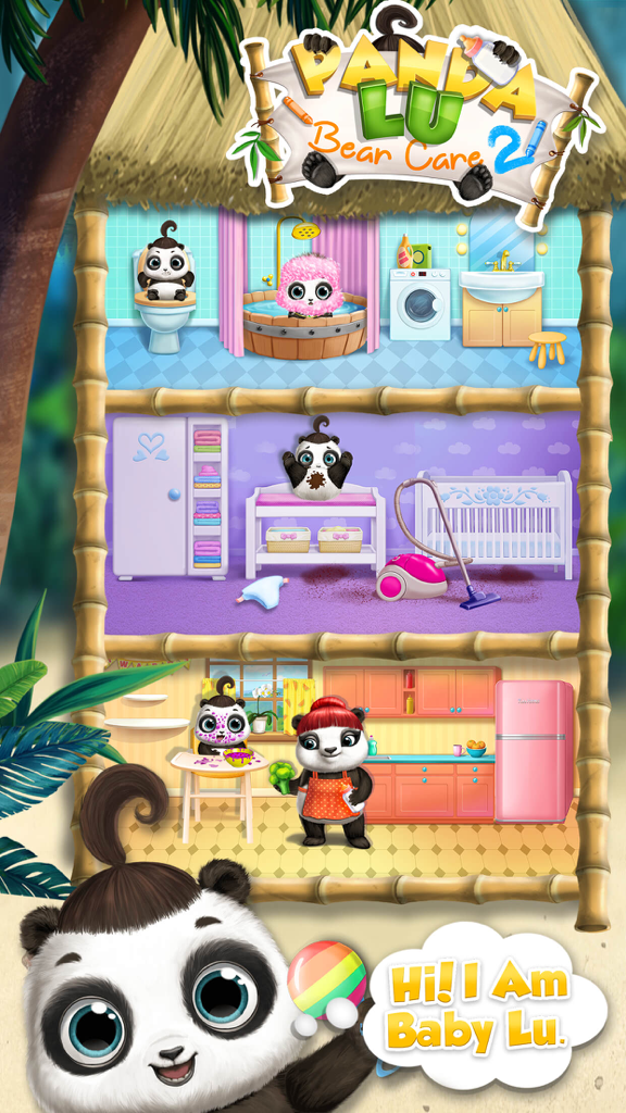 Panda Lu Baby Bear Care 2 - No Ads - Bebé panda Lu dentro de una casa de bambú de tres pisos con escenas de baño, dormitorio y cocina