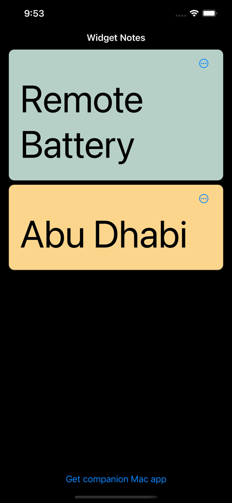 User interface of Widget Notes app displaying colorful digital sticky notes on a dark background.