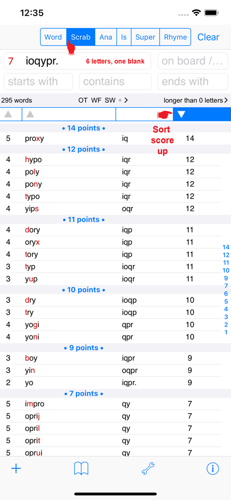 Screenshot der NL Woordvinder-App, die eine Liste niederländischer Wörter für Scrabble anzeigt, sortiert nach ihren Punktzahlen