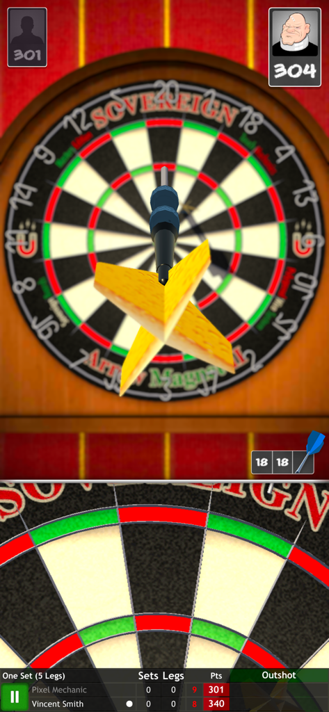 A dart flying towards a dartboard in a professional darts simulation game
