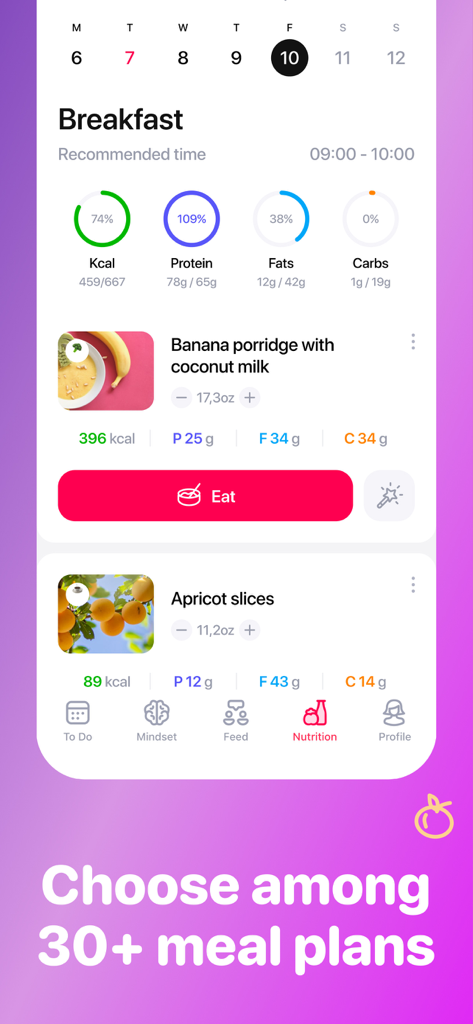 MomsLab app nutrition dashboard showing personalized meal plans and daily macro tracking for postpartum recovery