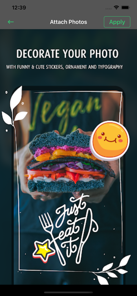 Typorama-Edit Text On Pictures - A mobile app interface showing a food photo decorated with cute stickers and stylized typography.