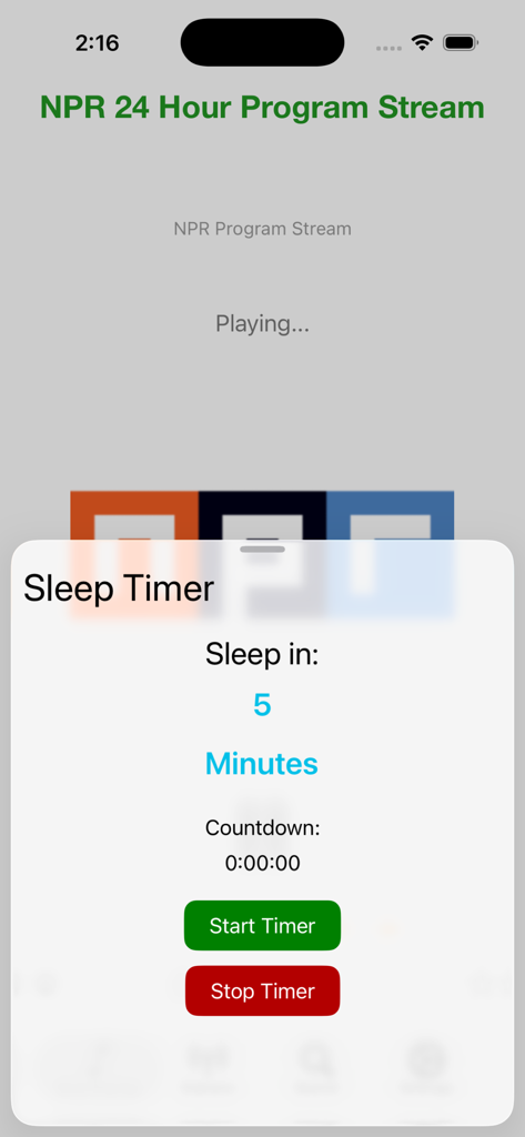 FrogRadio sleep timer settings interface showing a countdown and start stop buttons over an NPR broadcast