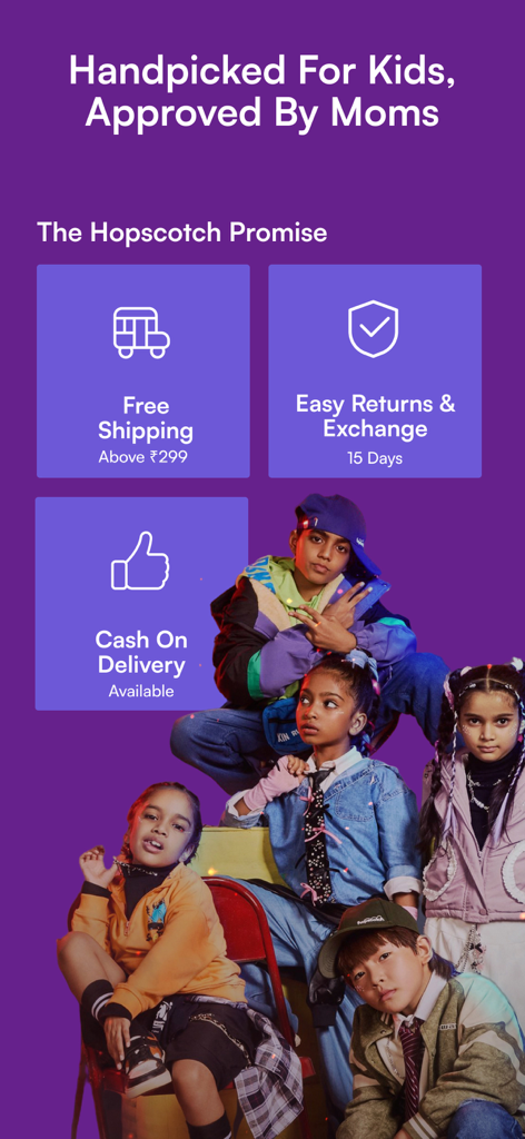 Hopscotch app promotional screen highlighting free shipping, easy 15-day returns, and cash on delivery options for children's apparel.