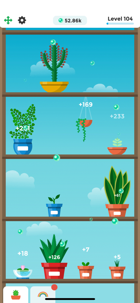 Captura de pantalla de juego que muestra varias plantas en macetas en estantes con burbujas y valores de producción de oxígeno