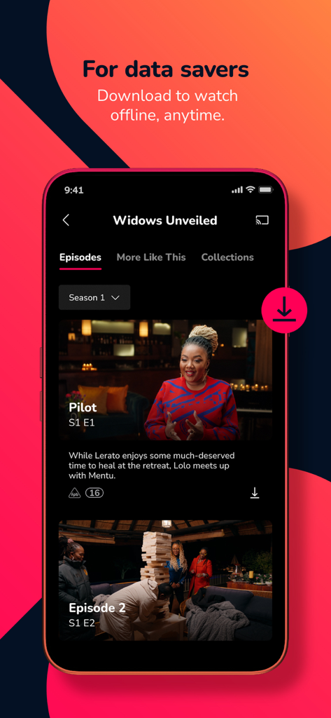 Showmax - Interfaz de la aplicación Showmax mostrando la opción de descargar episodios de programas de televisión para ver sin conexión.