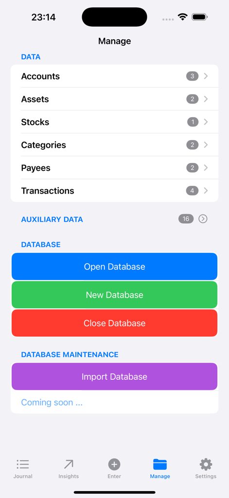Money Manager EX - Money Manager EX manage screen with database controls and financial data categories