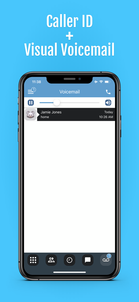 Fongo World Edition - iPhone上のビジュアルボイスメールおよび発信者IDインターフェイスを示すFongo World Editionアプリのスクリーンショット。