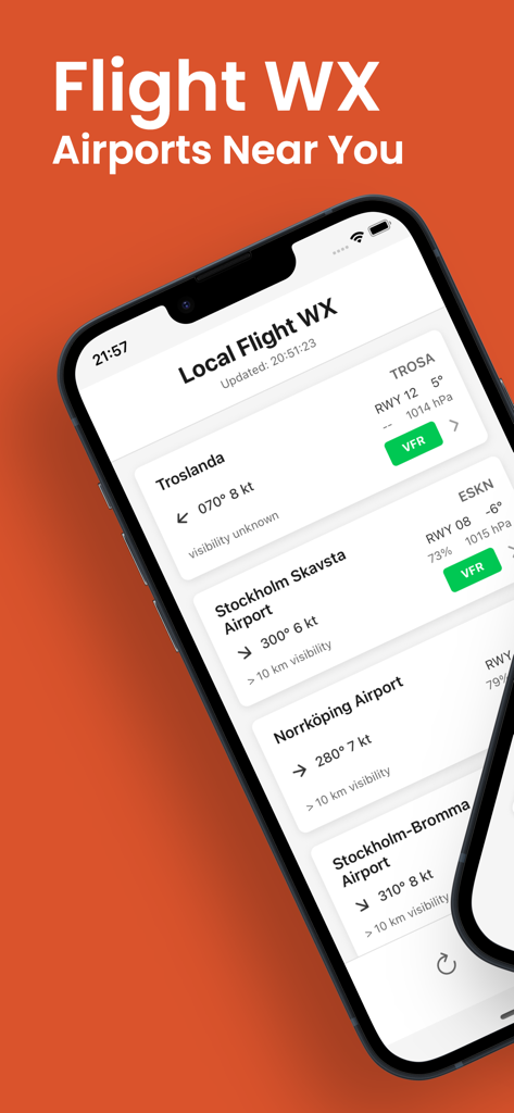 Local Flight WX - Local Flight WX app interface showing aviation weather and VFR conditions for several nearby airports