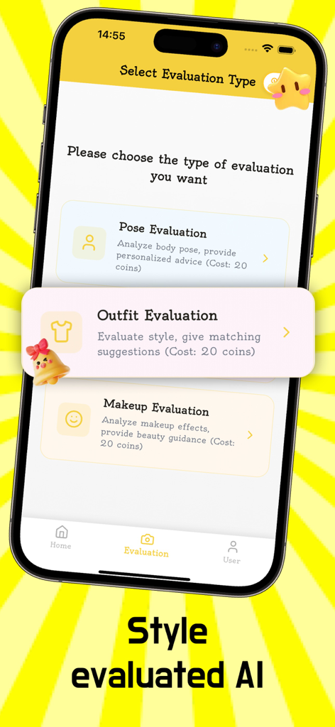 SacD-Fun Styles - SacD app interface showing options for AI evaluation of poses outfits and makeup
