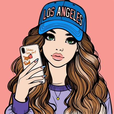 realistic beautiful girl wearing los ángeles cap holding an iphone