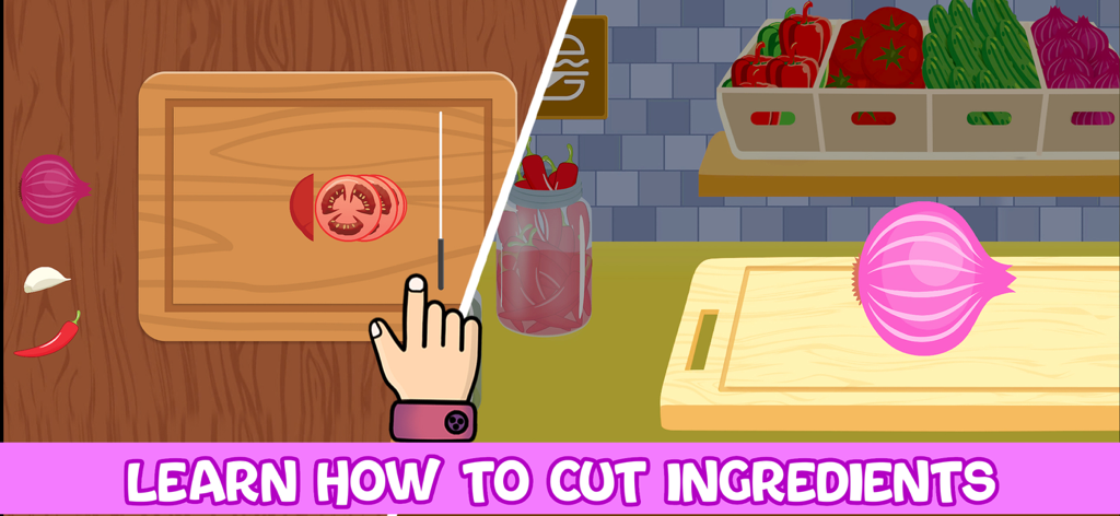 Cooking games for children 2+ - Una pantalla colorida de un juego de cocina para niños que muestra cómo cortar tomates y cebollas en una tabla de cortar.