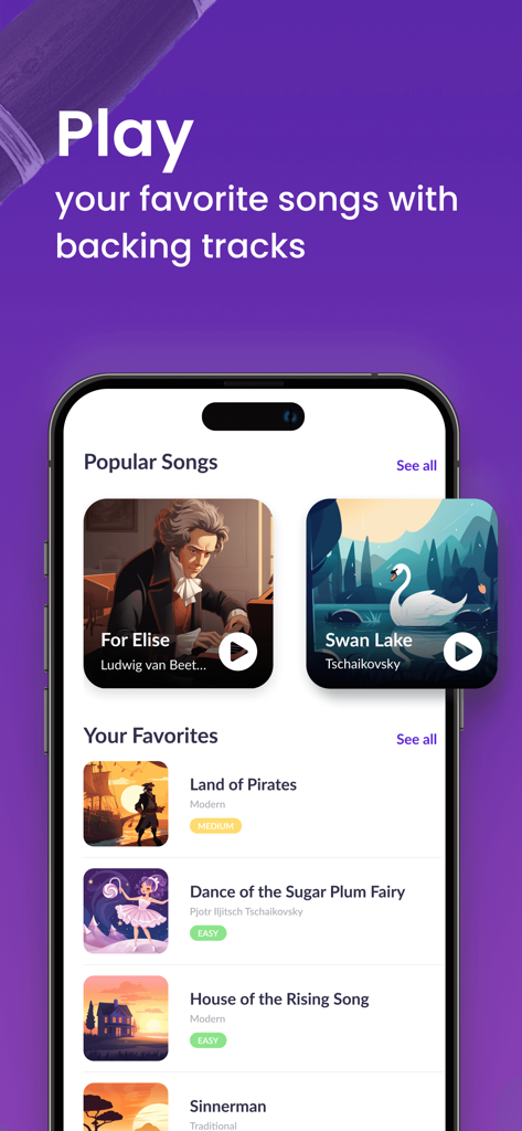 Smartphone screen of the tonestro clarinet app showing a list of songs with backing tracks including For Elise and Swan Lake.