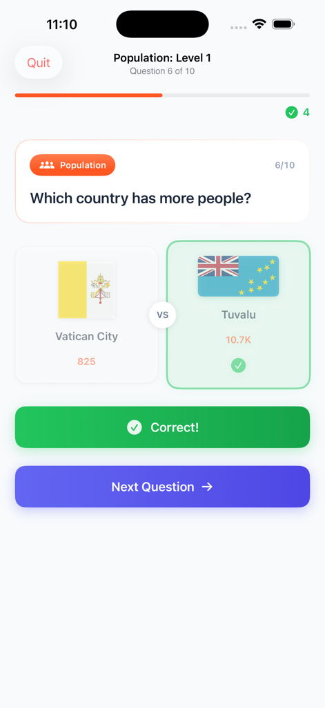 Geography Games. - A population comparison quiz in the Geography Games app showing a correct answer for Tuvalu versus Vatican City.
