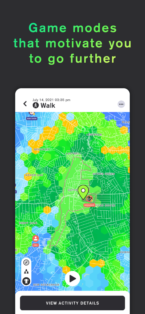 Stride: Fun Fitness Motivation - Stride Fitness-App-Bildschirm, der eine aufgezeichnete Laufroute über einer hexagonalen Karte zur Eroberung von Gebieten zeigt.