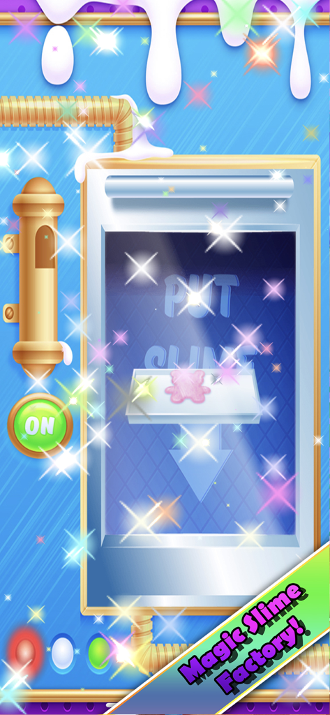 A magic slime making machine in the Super Slime Maker Simulator app featuring a pink bear shaped slime and sparkling effects.