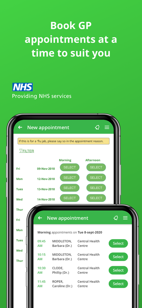 Evergreen Life PHR - A mobile app interface from Evergreen Life PHR showing how to book GP appointments with various time slots and healthcare providers.